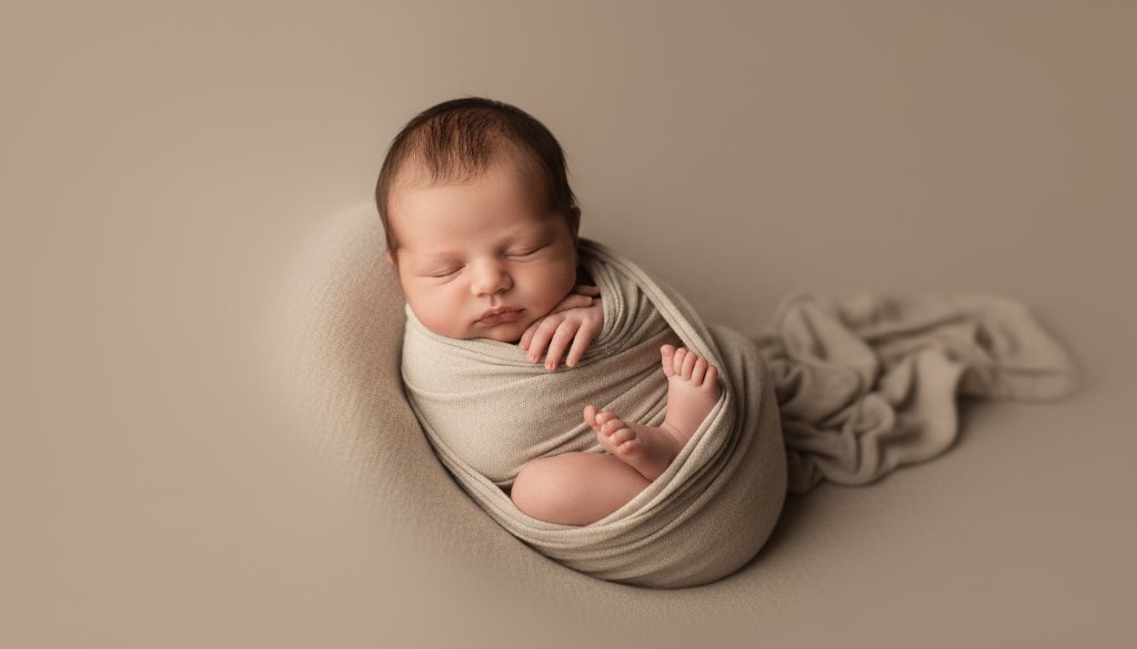 An emotionally resonant and visually stunning epic moment photograph of a newborn baby peacefully sleeping, swaddled in soft, natural fibres, held gently in a parent's hands, bathed in dramatic, soft golden hour light filtering through a window in a Bentleigh home. The focus is on the baby's delicate features, with a shallow depth of field, showcasing timeless newborn photography Bentleigh artistry and professional colour grading.