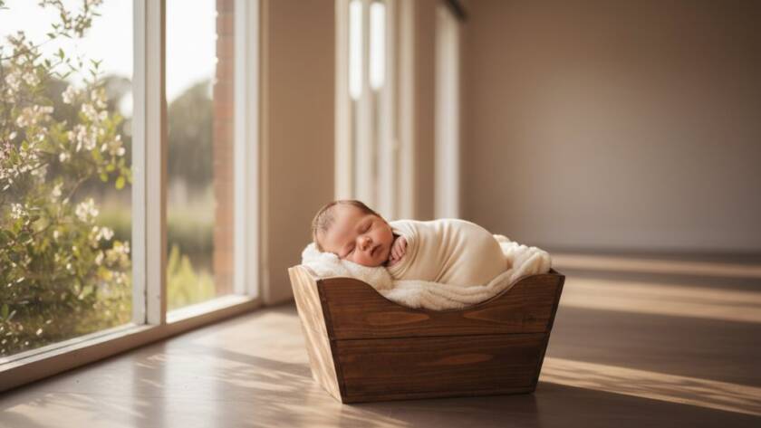 A heartwarming, professionally color-graded wide shot of a newborn baby swaddled in soft white fabric, gently sleeping in a rustic wooden basket amidst a sun-drenched, airy Boronia studio setting. Golden hour light bathes the scene, creating a soft, ethereal glow, evoking the magic of timeless newborn photography Boronia natural light. The background subtly blurs with hints of natural Australian flora, emphasizing the peaceful, tender moment captured with dramatic, cinematic lighting.