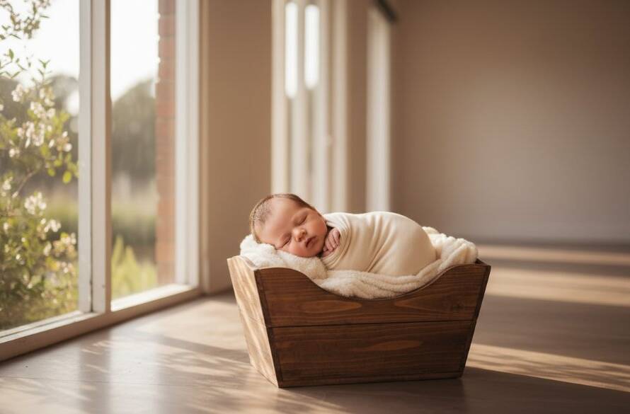 A heartwarming, professionally color-graded wide shot of a newborn baby swaddled in soft white fabric, gently sleeping in a rustic wooden basket amidst a sun-drenched, airy Boronia studio setting. Golden hour light bathes the scene, creating a soft, ethereal glow, evoking the magic of timeless newborn photography Boronia natural light. The background subtly blurs with hints of natural Australian flora, emphasizing the peaceful, tender moment captured with dramatic, cinematic lighting.