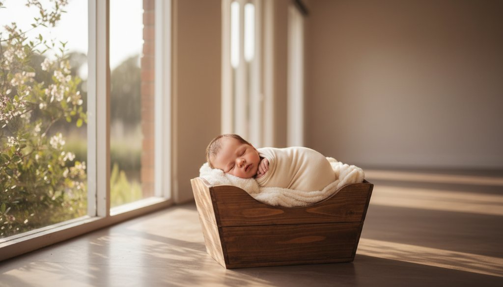 A heartwarming, professionally color-graded wide shot of a newborn baby swaddled in soft white fabric, gently sleeping in a rustic wooden basket amidst a sun-drenched, airy Boronia studio setting. Golden hour light bathes the scene, creating a soft, ethereal glow, evoking the magic of timeless newborn photography Boronia natural light. The background subtly blurs with hints of natural Australian flora, emphasizing the peaceful, tender moment captured with dramatic, cinematic lighting.