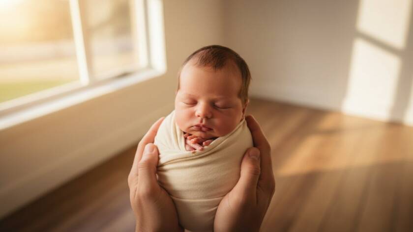 A stunning, soft-focused portrait capturing a peaceful newborn swaddled in cream, gently held in parents' loving hands, bathed in golden hour light, reflecting Timeless Newborn Photography Croydon Hills Victoria.
