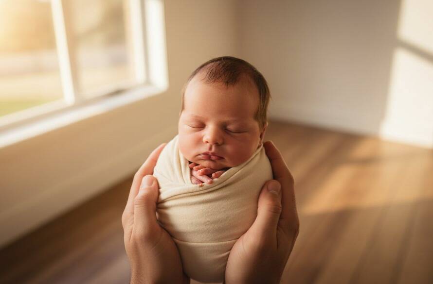 A stunning, soft-focused portrait capturing a peaceful newborn swaddled in cream, gently held in parents' loving hands, bathed in golden hour light, reflecting Timeless Newborn Photography Croydon Hills Victoria.