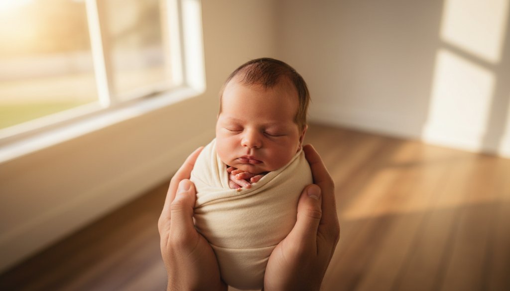 A stunning, soft-focused portrait capturing a peaceful newborn swaddled in cream, gently held in parents' loving hands, bathed in golden hour light, reflecting Timeless Newborn Photography Croydon Hills Victoria.