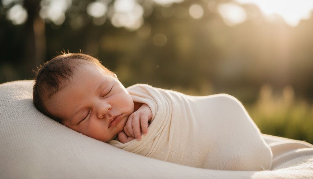 An epic, dramatic close-up of a sleeping newborn baby swaddled in soft fabric, bathed in warm, ethereal light filtering through gum leaves in a tranquil Donvale studio setting, epitomising timeless newborn photography Donvale Victoria.