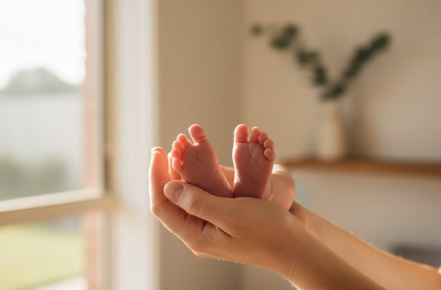 A heartwarming close-up of a newborn's tiny feet being gently held by a parent's hands, bathed in soft window light within a cozy Grovedale home. This professional, color-graded shot perfectly captures an intimate moment for timeless newborn photography Grovedale Victoria.