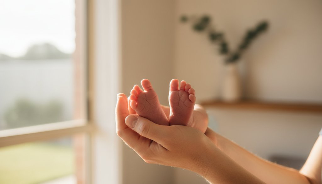 A heartwarming close-up of a newborn's tiny feet being gently held by a parent's hands, bathed in soft window light within a cozy Grovedale home. This professional, color-graded shot perfectly captures an intimate moment for timeless newborn photography Grovedale Victoria.