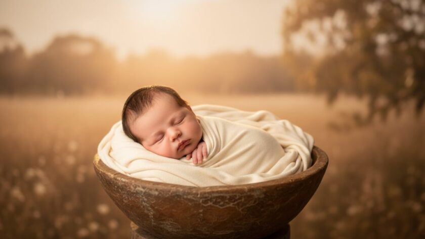 A professional, cinematic close-up of a peacefully sleeping newborn baby wrapped in soft, earthy tones, nestled safely in a rustic wooden basket, with gentle, warm backlighting creating a halo effect, capturing Timeless Newborn Photography Huntly Victoria Keepsakes in an epic, artful moment.