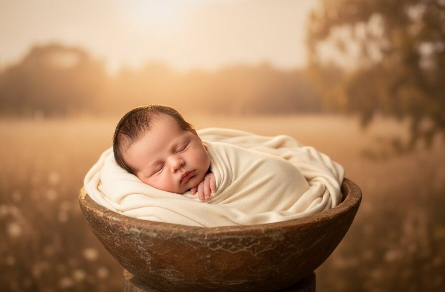 A professional, cinematic close-up of a peacefully sleeping newborn baby wrapped in soft, earthy tones, nestled safely in a rustic wooden basket, with gentle, warm backlighting creating a halo effect, capturing Timeless Newborn Photography Huntly Victoria Keepsakes in an epic, artful moment.