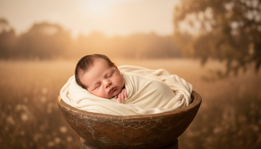 A professional, cinematic close-up of a peacefully sleeping newborn baby wrapped in soft, earthy tones, nestled safely in a rustic wooden basket, with gentle, warm backlighting creating a halo effect, capturing Timeless Newborn Photography Huntly Victoria Keepsakes in an epic, artful moment.
