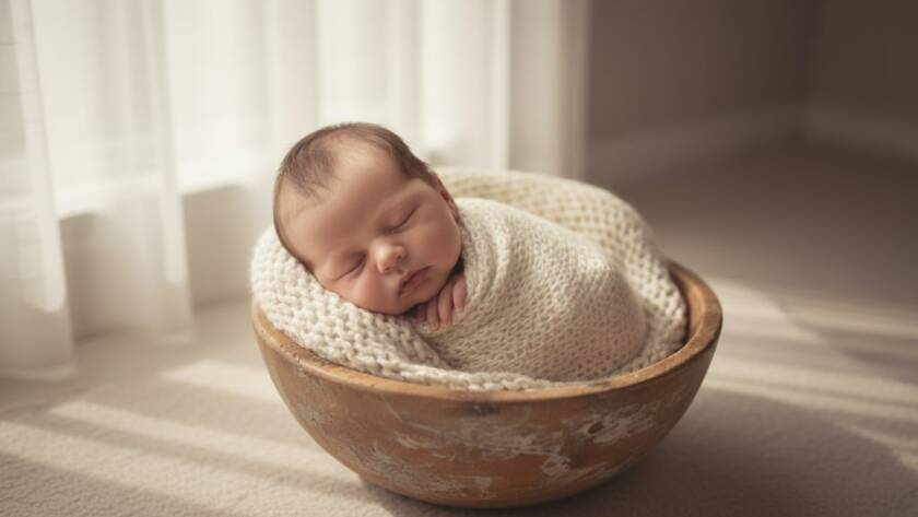 A stunning, soft-focus portrait showcasing timeless newborn photography Kealba Victoria, with a sleeping baby nestled peacefully in a rustic wooden basket, bathed in warm, ethereal light from a large window, creating a serene and angelic atmosphere.