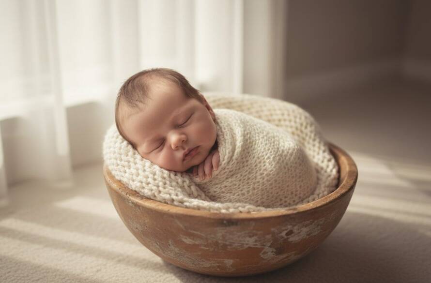 A stunning, soft-focus portrait showcasing timeless newborn photography Kealba Victoria, with a sleeping baby nestled peacefully in a rustic wooden basket, bathed in warm, ethereal light from a large window, creating a serene and angelic atmosphere.