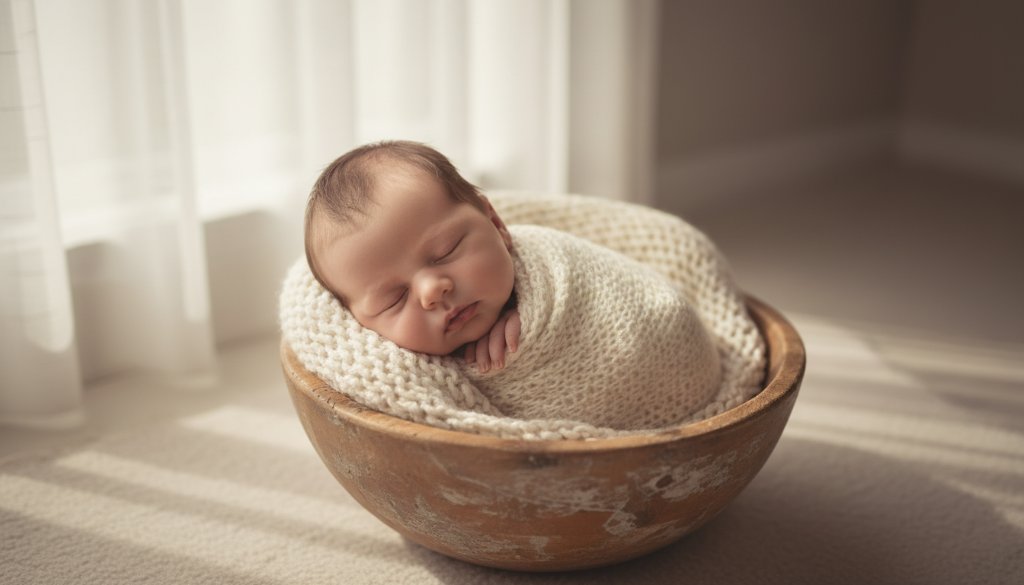A stunning, soft-focus portrait showcasing timeless newborn photography Kealba Victoria, with a sleeping baby nestled peacefully in a rustic wooden basket, bathed in warm, ethereal light from a large window, creating a serene and angelic atmosphere.