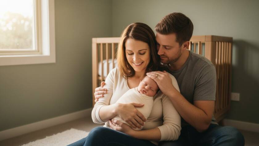 An emotionally resonant, professional photograph capturing the timeless newborn photography Keilor family experience: a tender moment of a Keilor family gently cradling their peacefully sleeping newborn baby in a beautifully sunlit, warm, rustic-chic home nursery, with soft focus on their loving expressions and the baby's tiny features. The scene is bathed in golden hour light streaming through a window, creating a dramatic and ethereal atmosphere, professionally color-graded with warm, inviting tones.