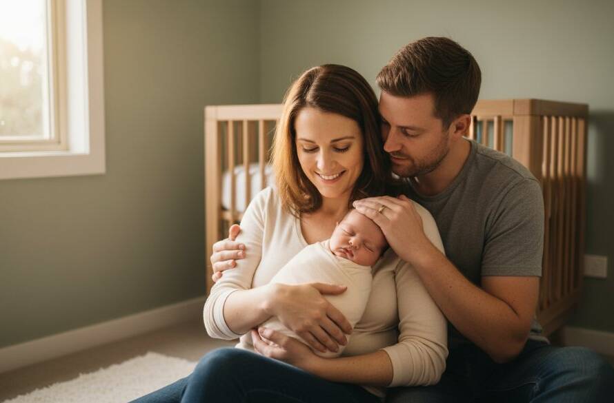 An emotionally resonant, professional photograph capturing the timeless newborn photography Keilor family experience: a tender moment of a Keilor family gently cradling their peacefully sleeping newborn baby in a beautifully sunlit, warm, rustic-chic home nursery, with soft focus on their loving expressions and the baby's tiny features. The scene is bathed in golden hour light streaming through a window, creating a dramatic and ethereal atmosphere, professionally color-graded with warm, inviting tones.