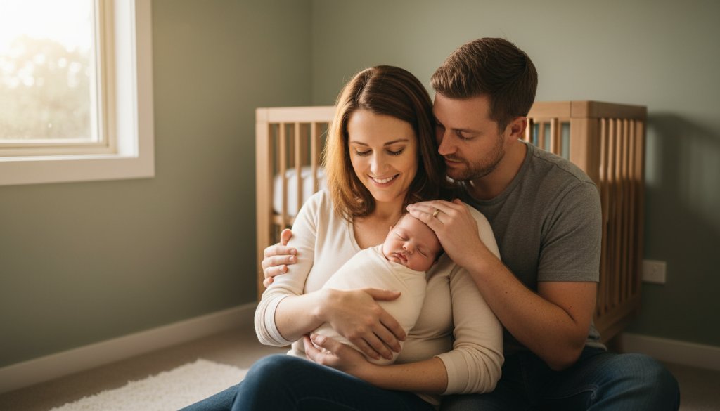 An emotionally resonant, professional photograph capturing the timeless newborn photography Keilor family experience: a tender moment of a Keilor family gently cradling their peacefully sleeping newborn baby in a beautifully sunlit, warm, rustic-chic home nursery, with soft focus on their loving expressions and the baby's tiny features. The scene is bathed in golden hour light streaming through a window, creating a dramatic and ethereal atmosphere, professionally color-graded with warm, inviting tones.