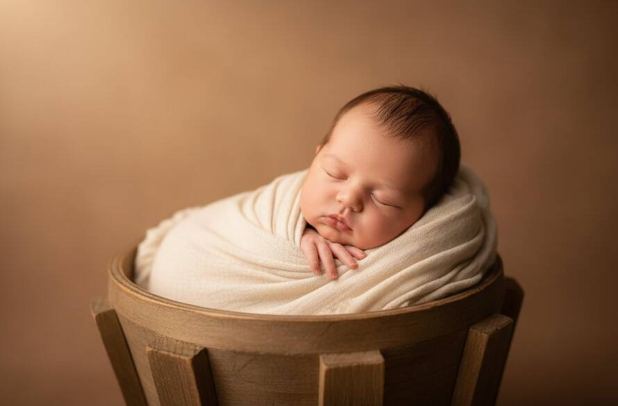 An ethereal, close-up photograph showcasing a newborn baby gently swaddled in soft, earthy tones, nestled peacefully in a rustic wooden prop, with the golden glow of a Koo Wee Rup sunset filtering through a window in the background, embodying timeless newborn photography Koo Wee Rup capturing delicate moments.