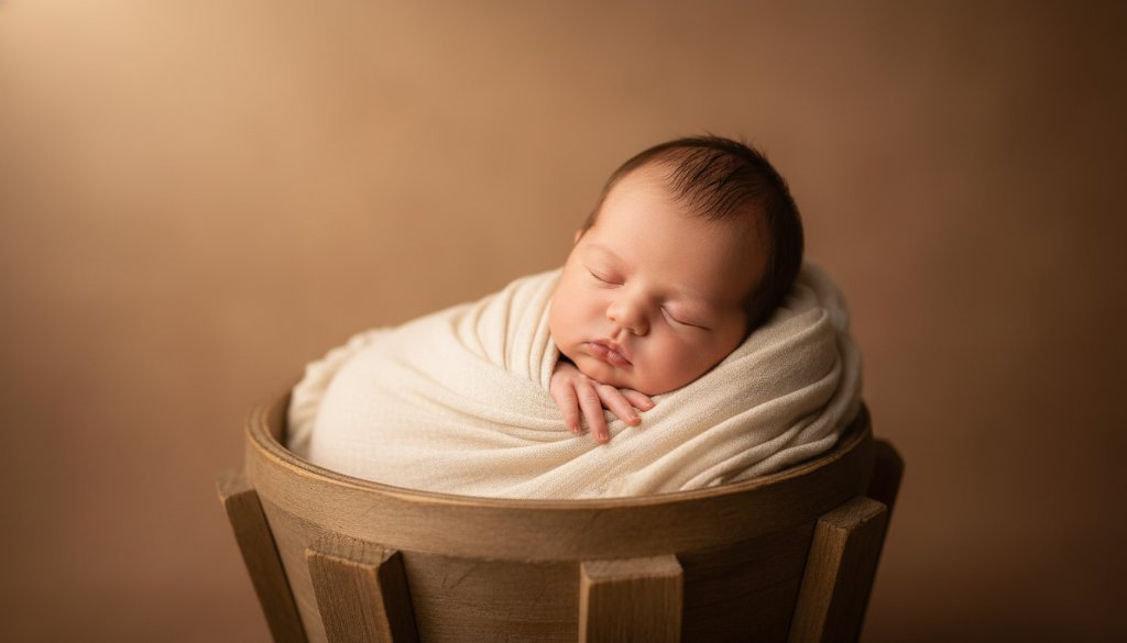 An ethereal, close-up photograph showcasing a newborn baby gently swaddled in soft, earthy tones, nestled peacefully in a rustic wooden prop, with the golden glow of a Koo Wee Rup sunset filtering through a window in the background, embodying timeless newborn photography Koo Wee Rup capturing delicate moments.