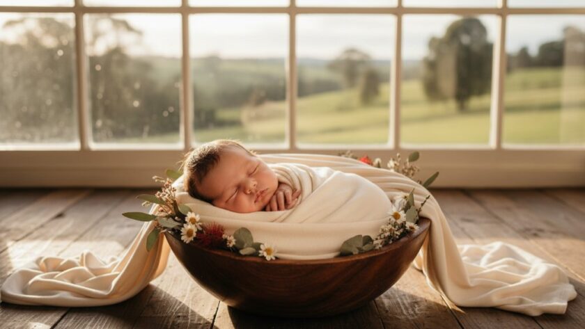 A heartwarming, professional portrait showcasing a sleeping newborn baby swaddled in soft cream fabric, nestled in a rustic, beautifully lit basket against a soft-focus Korumburra rural backdrop. This timeless newborn photography Korumburra Victoria image features dramatic golden hour light filtering through tall eucalyptus trees, creating a serene, painterly effect with exquisite bokeh, capturing a truly epic moment of innocence and peace.