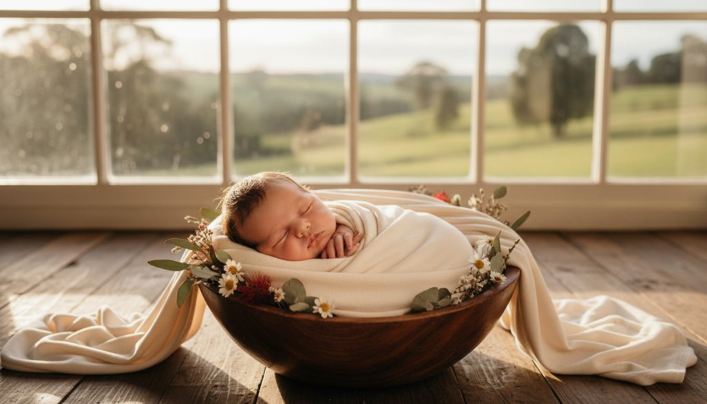 A heartwarming, professional portrait showcasing a sleeping newborn baby swaddled in soft cream fabric, nestled in a rustic, beautifully lit basket against a soft-focus Korumburra rural backdrop. This timeless newborn photography Korumburra Victoria image features dramatic golden hour light filtering through tall eucalyptus trees, creating a serene, painterly effect with exquisite bokeh, capturing a truly epic moment of innocence and peace.