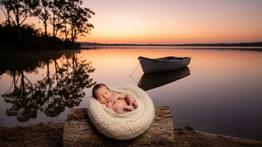 A serene and emotionally resonant 'epic moment' photograph showcasing timeless newborn photography Lakes Entrance Victoria, with a baby swaddled peacefully in a nest-like prop, bathed in soft, golden hour light filtering through tall gum trees near the lake, creating a dreamlike, professional and color-graded cinematic scene.