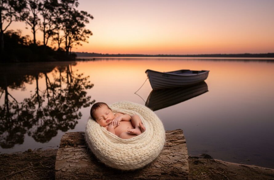 A serene and emotionally resonant 'epic moment' photograph showcasing timeless newborn photography Lakes Entrance Victoria, with a baby swaddled peacefully in a nest-like prop, bathed in soft, golden hour light filtering through tall gum trees near the lake, creating a dreamlike, professional and color-graded cinematic scene.