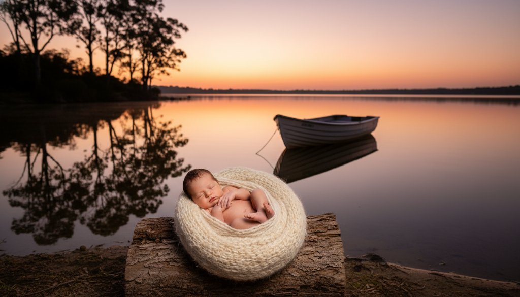 A serene and emotionally resonant 'epic moment' photograph showcasing timeless newborn photography Lakes Entrance Victoria, with a baby swaddled peacefully in a nest-like prop, bathed in soft, golden hour light filtering through tall gum trees near the lake, creating a dreamlike, professional and color-graded cinematic scene.