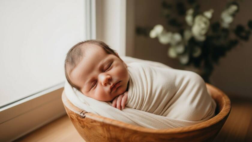 An epic, dramatically lit photograph of a sleeping newborn baby swaddled in soft white fabric, gently held by a parent's hands, set against a softly blurred, warm backdrop hinting at the natural beauty of Ringwood, Victoria, embodying timeless newborn photography Ringwood Victoria.