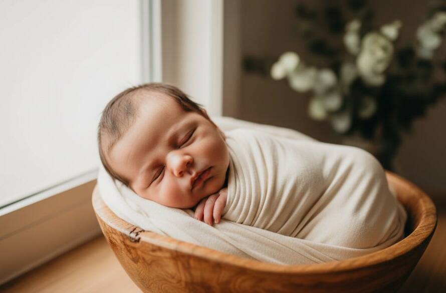 An epic, dramatically lit photograph of a sleeping newborn baby swaddled in soft white fabric, gently held by a parent's hands, set against a softly blurred, warm backdrop hinting at the natural beauty of Ringwood, Victoria, embodying timeless newborn photography Ringwood Victoria.