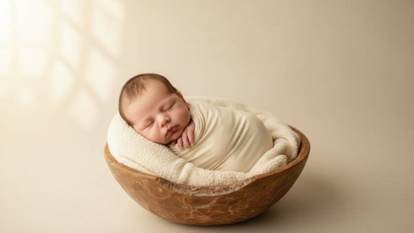 A heartwarming, professionally composed studio photograph featuring Timeless Newborn Photography Scoresby VIC Capturing Precious Moments, with a peacefully sleeping baby swaddled in soft organic fabric, cradled in a rustic wooden prop, bathed in ethereal, warm golden light filtering from a large window, creating a serene and angelic glow around the infant, symbolising pure innocence and new beginnings.