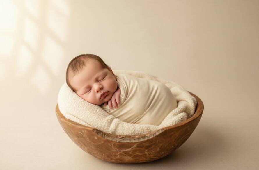 A heartwarming, professionally composed studio photograph featuring Timeless Newborn Photography Scoresby VIC Capturing Precious Moments, with a peacefully sleeping baby swaddled in soft organic fabric, cradled in a rustic wooden prop, bathed in ethereal, warm golden light filtering from a large window, creating a serene and angelic glow around the infant, symbolising pure innocence and new beginnings.