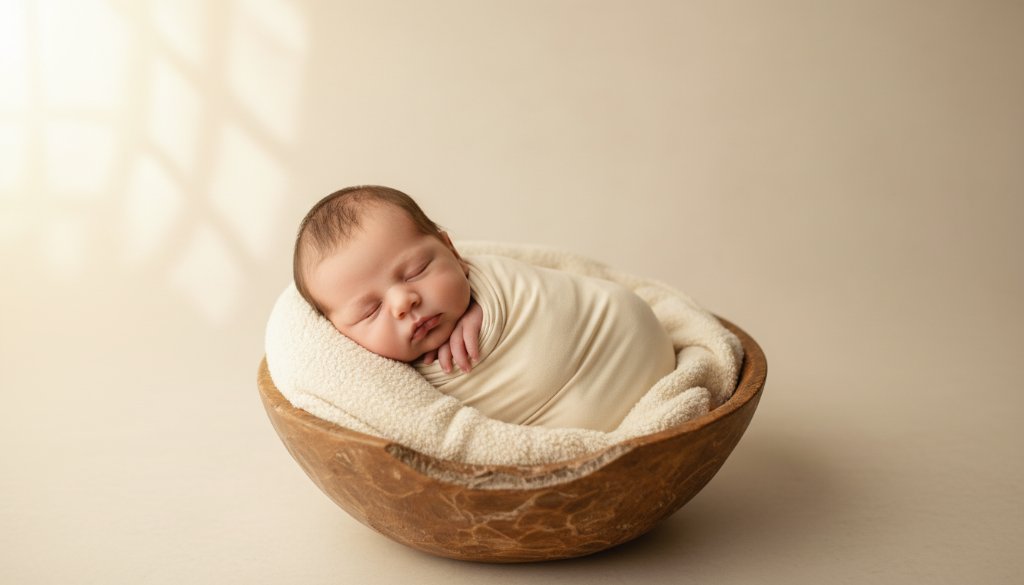 A heartwarming, professionally composed studio photograph featuring Timeless Newborn Photography Scoresby VIC Capturing Precious Moments, with a peacefully sleeping baby swaddled in soft organic fabric, cradled in a rustic wooden prop, bathed in ethereal, warm golden light filtering from a large window, creating a serene and angelic glow around the infant, symbolising pure innocence and new beginnings.