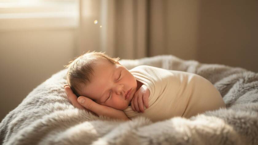 A breathtaking, tender 'epic moment' photograph capturing timeless newborn photography Scoresby Victoria. A peacefully sleeping baby, swaddled in soft cream fabric, lies cradled in their parent's hands, bathed in a warm, ethereal glow from a nearby window. The background is softly blurred, hinting at a cozy Scoresby home, emphasizing the intimacy and profound love in this professional, colour-graded portrait.