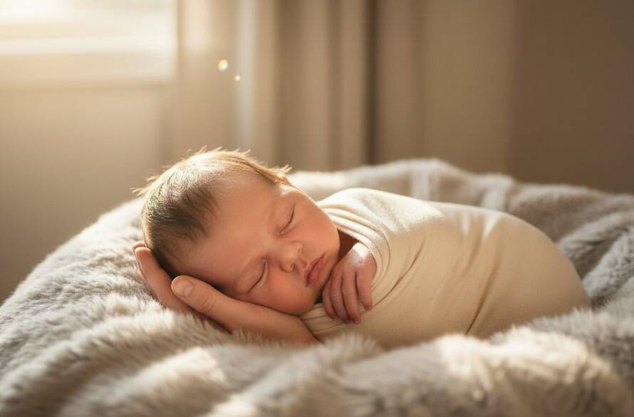 A breathtaking, tender 'epic moment' photograph capturing timeless newborn photography Scoresby Victoria. A peacefully sleeping baby, swaddled in soft cream fabric, lies cradled in their parent's hands, bathed in a warm, ethereal glow from a nearby window. The background is softly blurred, hinting at a cozy Scoresby home, emphasizing the intimacy and profound love in this professional, colour-graded portrait.