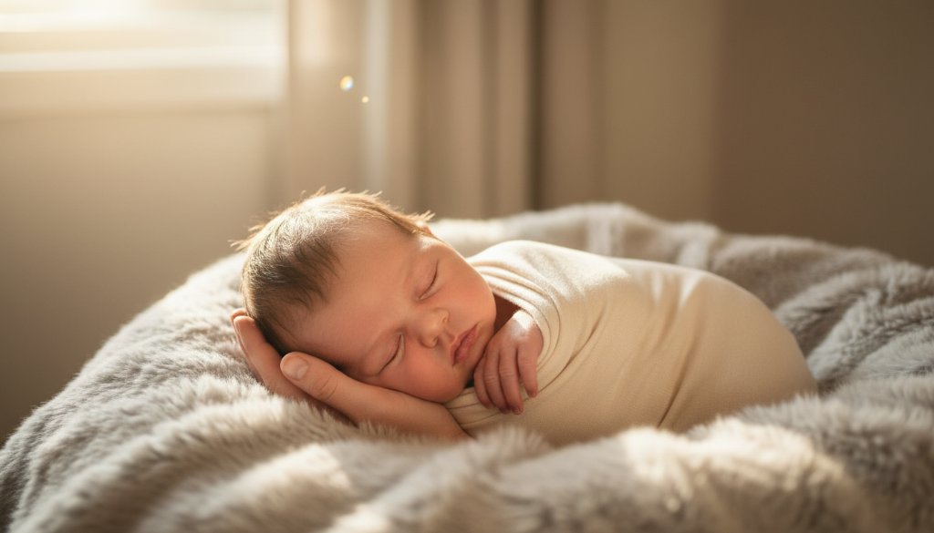 A breathtaking, tender 'epic moment' photograph capturing timeless newborn photography Scoresby Victoria. A peacefully sleeping baby, swaddled in soft cream fabric, lies cradled in their parent's hands, bathed in a warm, ethereal glow from a nearby window. The background is softly blurred, hinting at a cozy Scoresby home, emphasizing the intimacy and profound love in this professional, colour-graded portrait.