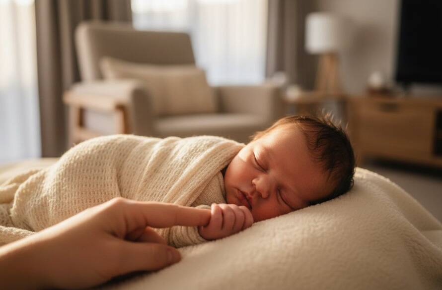 An ethereal close-up of a baby's tiny hand gently grasping a parent's finger, bathed in soft golden hour light filtering through sheer curtains in a cozy Springvale South home, epitomizing timeless newborn photography Springvale South families cherish.