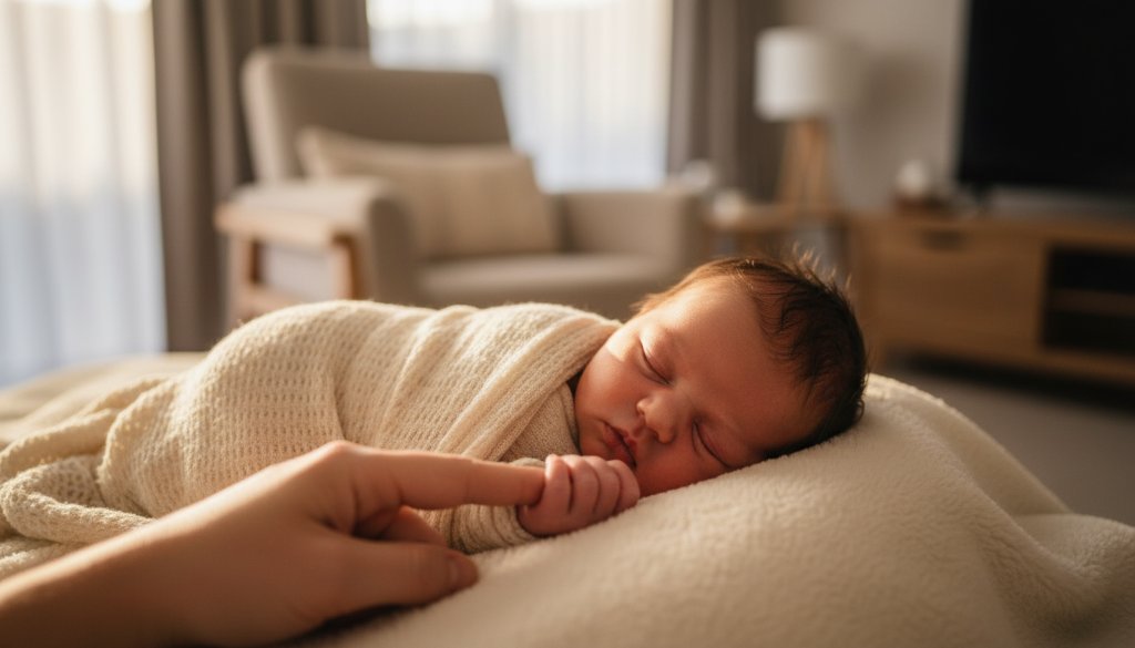 An ethereal close-up of a baby's tiny hand gently grasping a parent's finger, bathed in soft golden hour light filtering through sheer curtains in a cozy Springvale South home, epitomizing timeless newborn photography Springvale South families cherish.