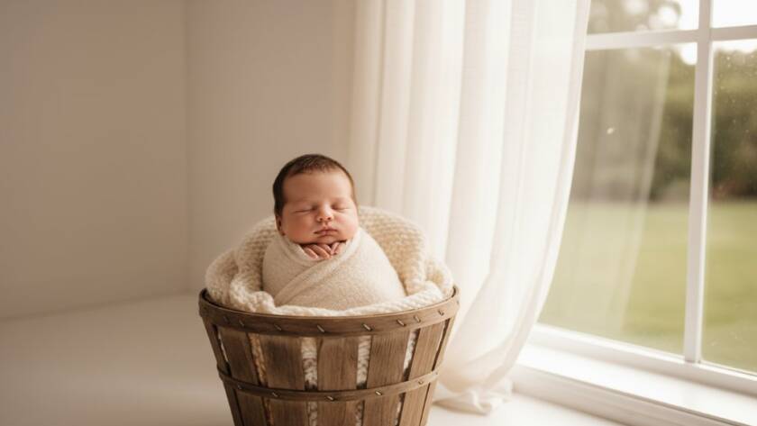 A heartwarming, professionally composed studio photograph featuring Timeless Newborn Photography Wantirna Families Adore, capturing a baby peacefully asleep, gently swaddled in a soft blanket, bathed in ethereal natural light, creating an epic moment of serene innocence.