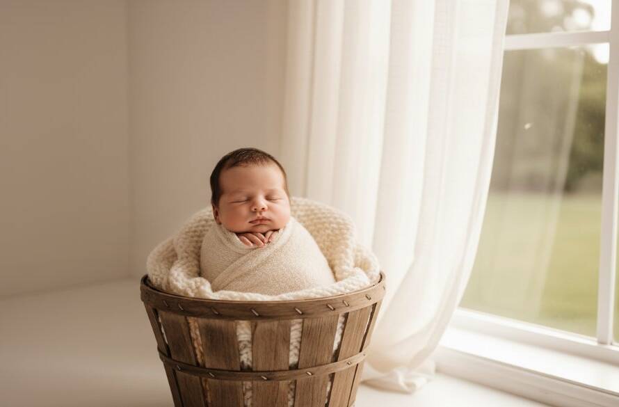 A heartwarming, professionally composed studio photograph featuring Timeless Newborn Photography Wantirna Families Adore, capturing a baby peacefully asleep, gently swaddled in a soft blanket, bathed in ethereal natural light, creating an epic moment of serene innocence.