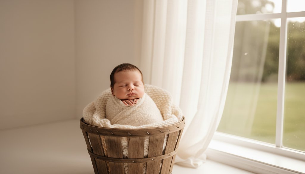 A heartwarming, professionally composed studio photograph featuring Timeless Newborn Photography Wantirna Families Adore, capturing a baby peacefully asleep, gently swaddled in a soft blanket, bathed in ethereal natural light, creating an epic moment of serene innocence.