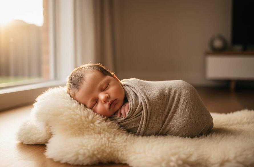 An ethereal, 'epic moment' photograph showcasing timeless newborn photography Wantirna natural light portraits, with a sleeping baby nestled peacefully, bathed in soft, golden natural light filtering through sheer curtains, evoking warmth and serenity.