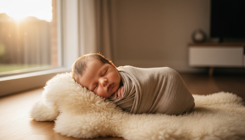 An ethereal, 'epic moment' photograph showcasing timeless newborn photography Wantirna natural light portraits, with a sleeping baby nestled peacefully, bathed in soft, golden natural light filtering through sheer curtains, evoking warmth and serenity.