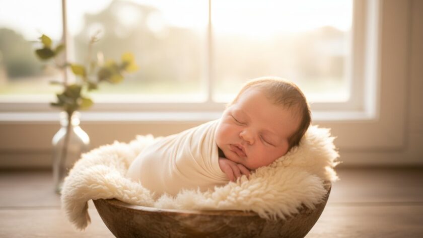 A heartwarming, softly lit portrait showcasing Timeless Newborn Photography Warragul VIC Studio & Home, featuring a serene baby nestled in a textured blanket, with gentle hands cradling them, evoking a sense of pure, protected innocence, captured with professional studio lighting and cinematic colour grading.