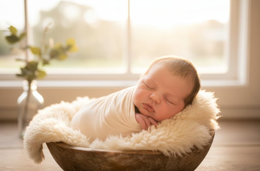A heartwarming, softly lit portrait showcasing Timeless Newborn Photography Warragul VIC Studio & Home, featuring a serene baby nestled in a textured blanket, with gentle hands cradling them, evoking a sense of pure, protected innocence, captured with professional studio lighting and cinematic colour grading.