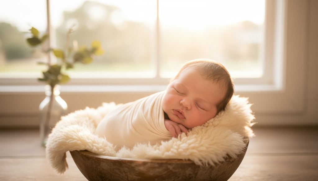A heartwarming, softly lit portrait showcasing Timeless Newborn Photography Warragul VIC Studio & Home, featuring a serene baby nestled in a textured blanket, with gentle hands cradling them, evoking a sense of pure, protected innocence, captured with professional studio lighting and cinematic colour grading.