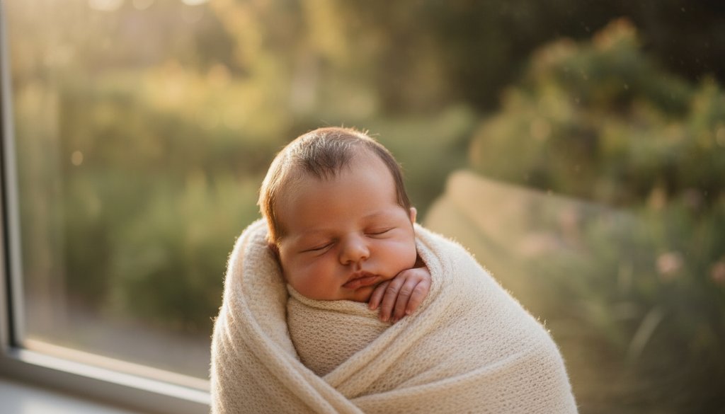 A heartwarming, professional photograph showcasing timeless newborn photos Chelsea Heights families cherish, featuring a sleeping baby cradled in loving parents' hands during golden hour, with a soft, cinematic glow near the Chelsea Heights wetlands.