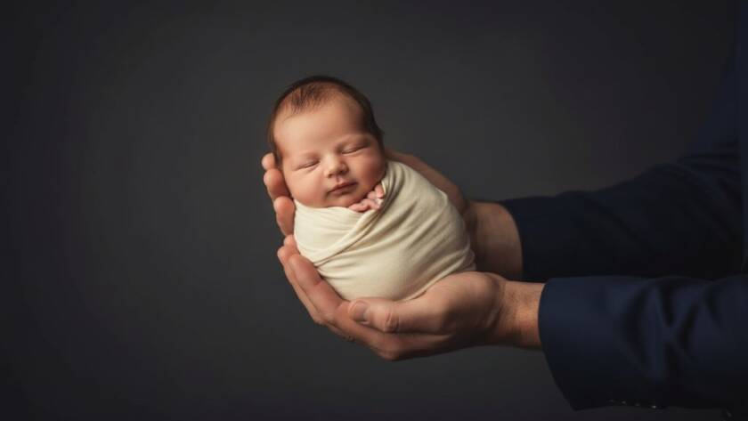 An intimate, professionally lit portrait of a serene newborn baby wrapped in a soft, cream blanket, gently nestled in a rustic wooden basket, with soft, diffused sunlight filtering through a window in a warm Doncaster East home, capturing the timeless newborn photos Doncaster East Victoria experience.