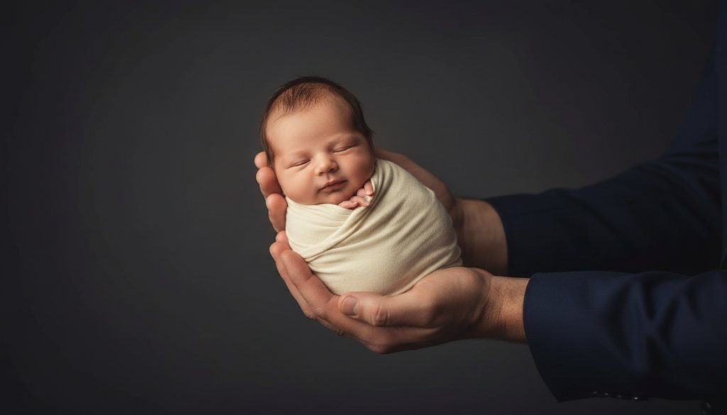 An intimate, professionally lit portrait of a serene newborn baby wrapped in a soft, cream blanket, gently nestled in a rustic wooden basket, with soft, diffused sunlight filtering through a window in a warm Doncaster East home, capturing the timeless newborn photos Doncaster East Victoria experience.