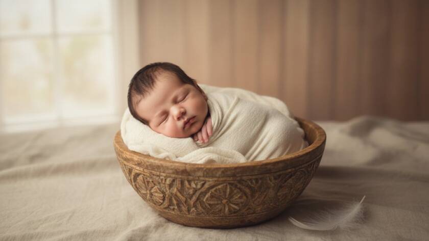 A serene, cinematic 'epic moment' photograph capturing timeless newborn portraits Box Hill North Melbourne families will love, featuring a sleeping baby swaddled in soft grey fabric, nestled in a rustic wooden basket with delicate eucalyptus leaves, bathed in warm, ethereal window light in a sun-drenched Box Hill North studio. The baby's tiny hand is gently resting on its cheek, creating an emotional and tender scene, professionally colour-graded.