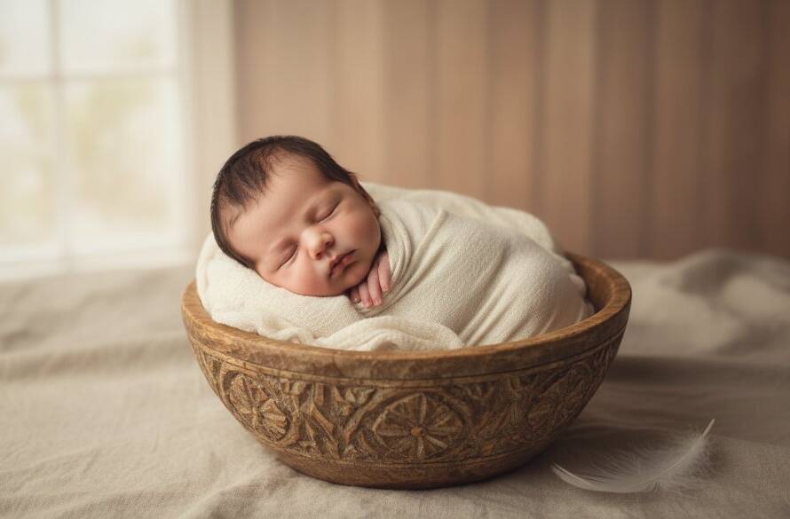 A serene, cinematic 'epic moment' photograph capturing timeless newborn portraits Box Hill North Melbourne families will love, featuring a sleeping baby swaddled in soft grey fabric, nestled in a rustic wooden basket with delicate eucalyptus leaves, bathed in warm, ethereal window light in a sun-drenched Box Hill North studio. The baby's tiny hand is gently resting on its cheek, creating an emotional and tender scene, professionally colour-graded.