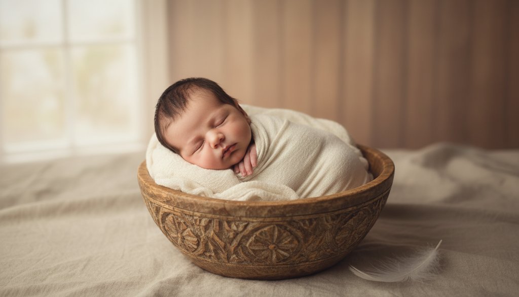 A serene, cinematic 'epic moment' photograph capturing timeless newborn portraits Box Hill North Melbourne families will love, featuring a sleeping baby swaddled in soft grey fabric, nestled in a rustic wooden basket with delicate eucalyptus leaves, bathed in warm, ethereal window light in a sun-drenched Box Hill North studio. The baby's tiny hand is gently resting on its cheek, creating an emotional and tender scene, professionally colour-graded.
